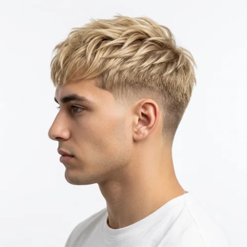 Blonde man with a textured crop and low taper fade hairstyle