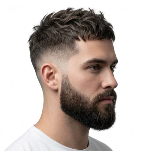 Man with a textured crop, low taper fade, and full beard