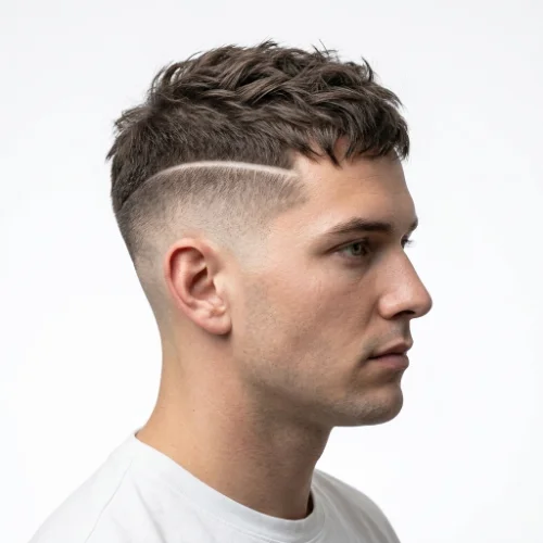 Man with a textured crop, hard part, and low taper fade
