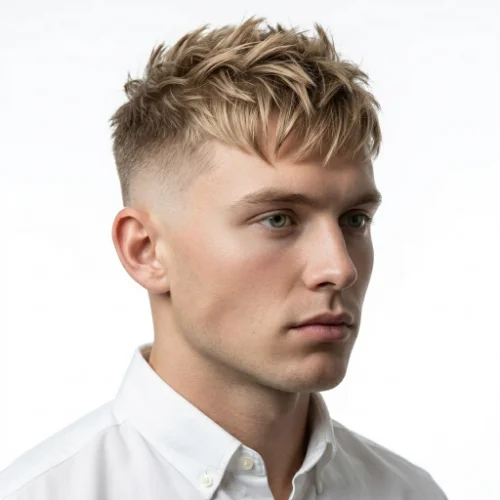 Man with a spiky textured crop and low taper fade