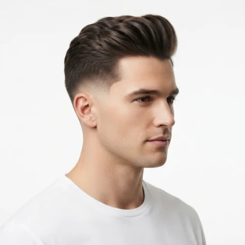 Man with a classic low taper fade and voluminous quiff hairstyle