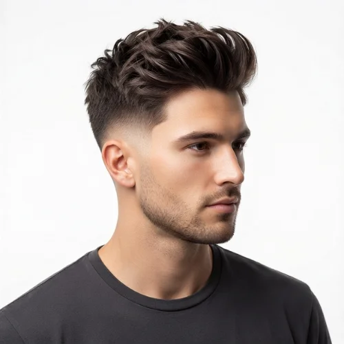 Man with a textured quiff and clean low taper fade