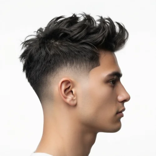 Man with a messy quiff and low taper fade haircut