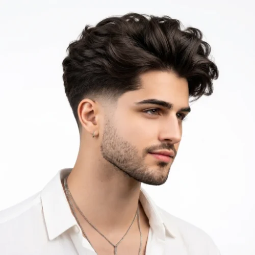 Man with a long quiff and clean low taper fade