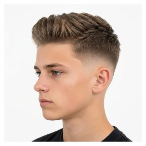 Man with a short quiff and low taper fade haircut