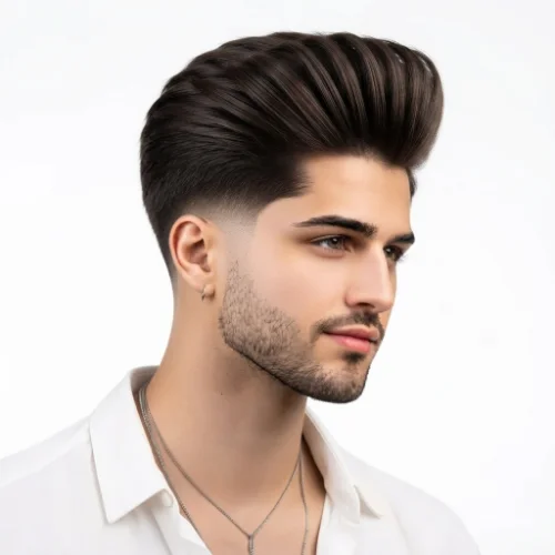 Man with straight hair styled into a low taper fade quiff