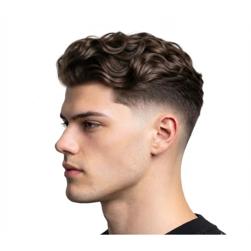 Man with wavy hair styled into a low taper fade quiff