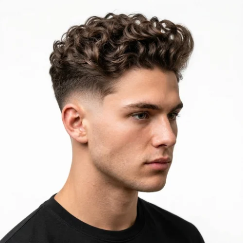 Man with curly hair styled into a low taper fade quiff