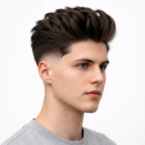Man with thick hair and a low taper fade quiff hairstyle