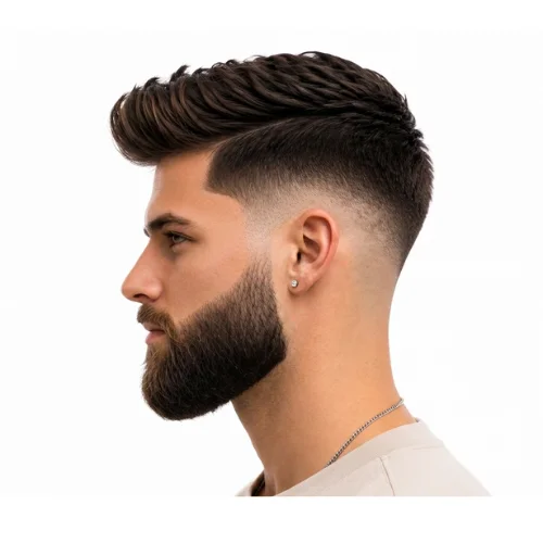 Man with a low taper fade quiff and full beard