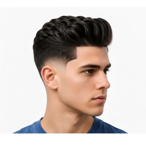 Man with a low taper fade quiff and sharp line up