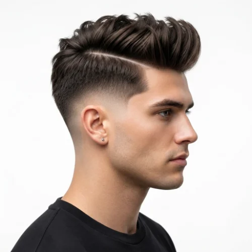 Man with a low taper fade quiff and defined hard part