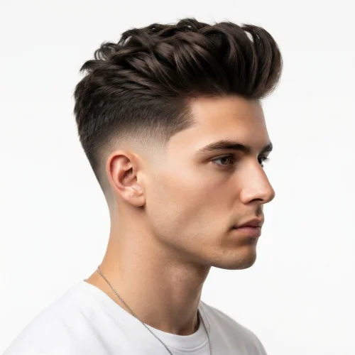 Man with a matte finish quiff and low taper fade