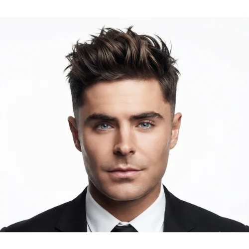 Man with a textured top quiff and clean low taper fade
