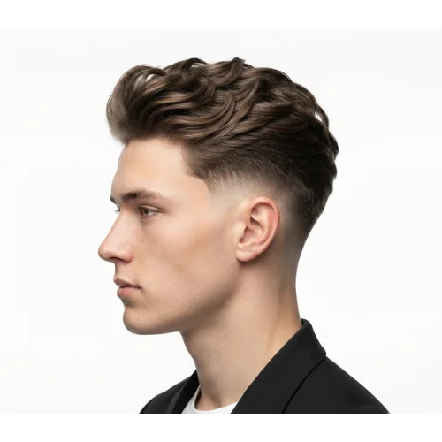 Man with a clean low taper fade and neat quiff hairstyle