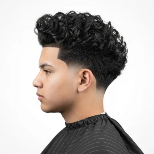 Man with a high-volume quiff and low taper fade haircut