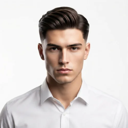 Man with a classic low taper fade and side part hairstyle featuring clean faded sides