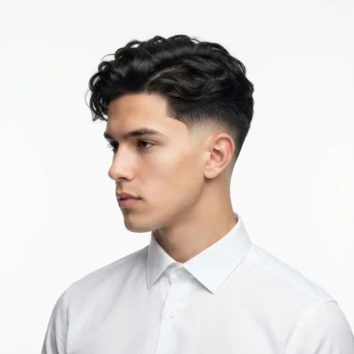 Man with a textured side part and clean low taper fade