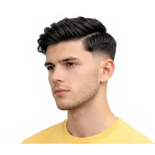 Man with a modern low taper fade and stylish side part hairstyle