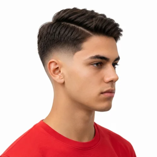 Man with a short side part and low taper fade haircut
