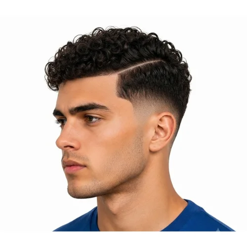 Man with a low taper fade side part featuring a defined hard part