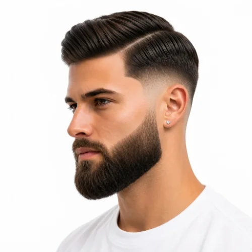 Man with a low taper fade side part and a full beard