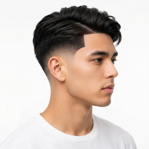 Man with a low taper fade side part and a sharp line up