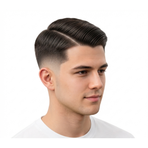Man with straight hair styled into a low taper fade side part