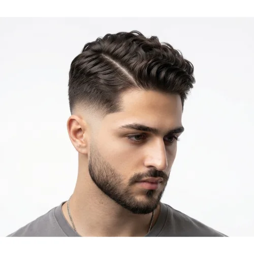 Man with wavy hair styled into a low taper fade side part