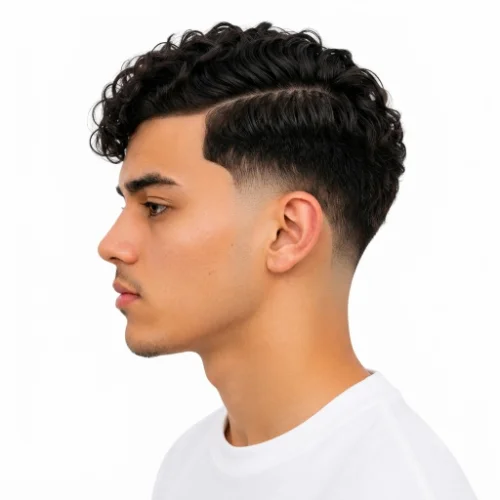 Man with curly hair styled into a low taper fade side part