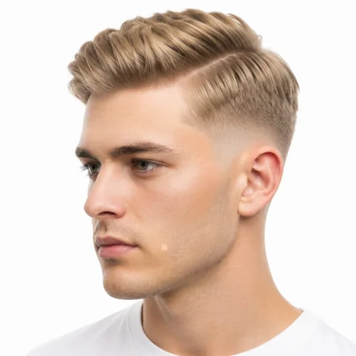 Man with thick hair and a low taper fade side part hairstyle