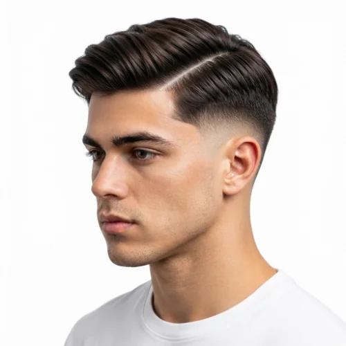Man with a trending low taper fade side part hairstyle featuring a modern finish