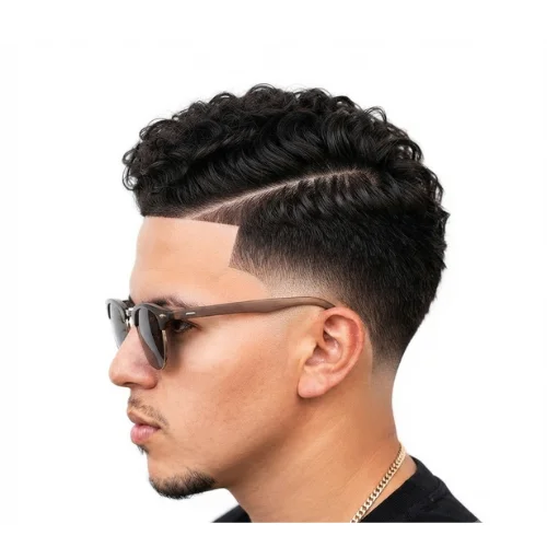 Man with a layered side part and low taper fade haircut