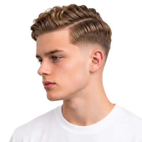 Blonde man with a low taper fade side part hairstyle