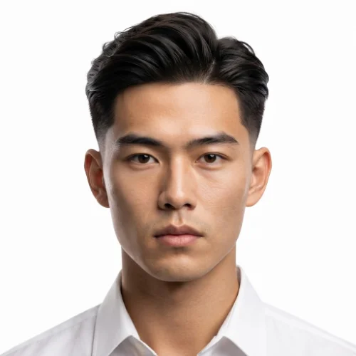 Asian man with a low taper fade and side part hairstyle