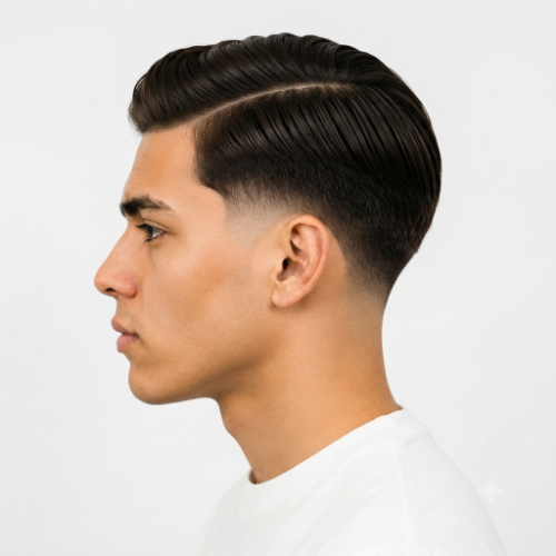 Man with a professional low taper fade side part hairstyle