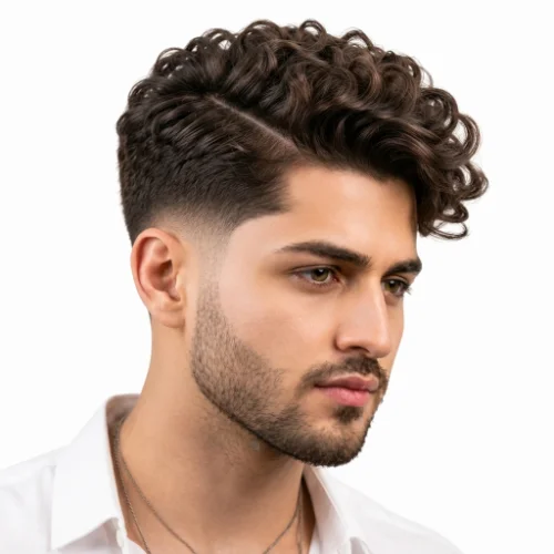 Man with a voluminous side part and low taper fade