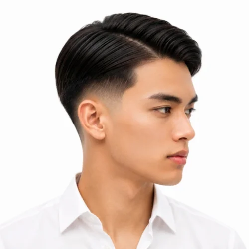 Man with thin hair and a low taper fade side part hairstyle