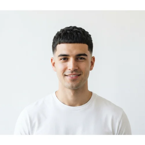 Man with a classic low taper fade and Caesar cut featuring a short textured fringe