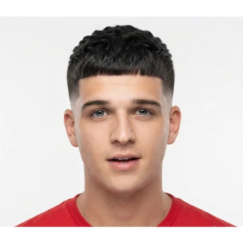 Man with a textured Caesar cut and clean low taper fade