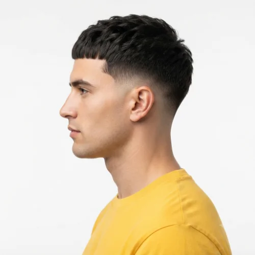 Man with a short Caesar cut and low taper fade haircut