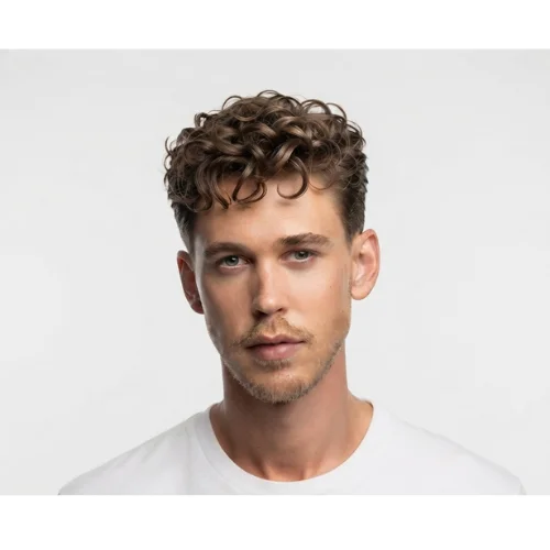 Man with curly hair styled into a low taper fade Caesar cut