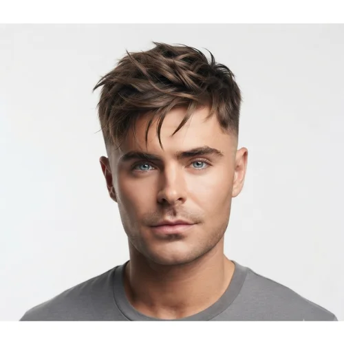 Man with a long fringe Caesar cut and low taper fade