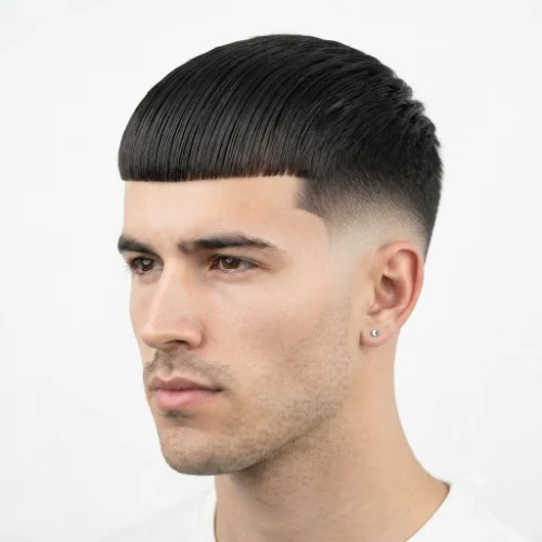 Man with straight hair and a low taper fade Caesar cut