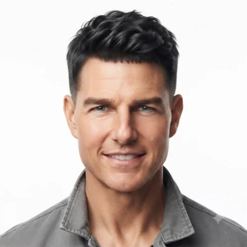 Man with wavy hair styled into a low taper fade Caesar cut
