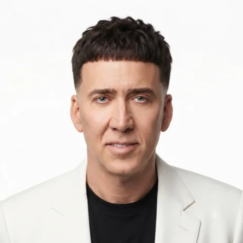 Man with thick hair and a low taper fade Caesar cut