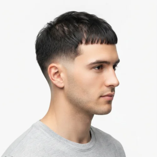 Man with thin hair and a low taper fade Caesar cut