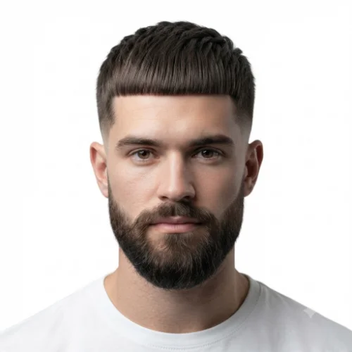 Man with a low taper fade Caesar cut and full beard