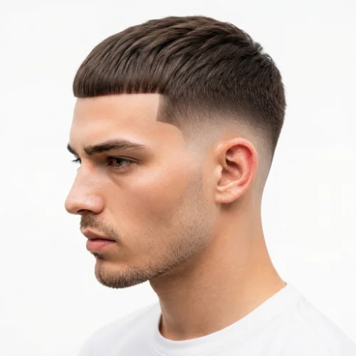 Man with a low taper fade Caesar cut and sharp line up