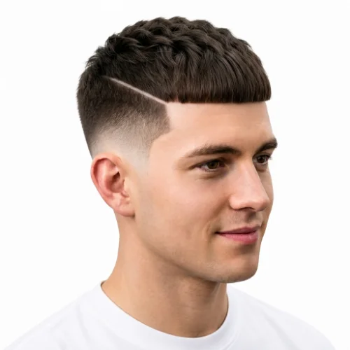 Man with a low taper fade Caesar cut and defined hard part